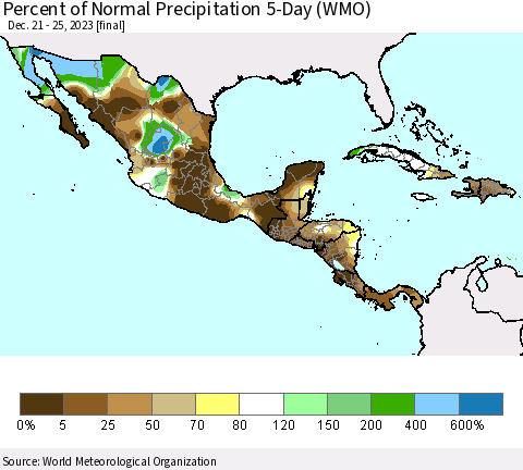 Mexico Central America and the Caribbean Percent of Normal Precipitation 5-Day (WMO) Thematic Map For 12/21/2023 - 12/25/2023
