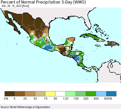 Mexico Central America and the Caribbean Percent of Normal Precipitation 5-Day (WMO) Thematic Map For 12/26/2023 - 12/31/2023