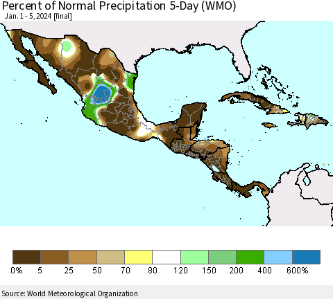 Mexico Central America and the Caribbean Percent of Normal Precipitation 5-Day (WMO) Thematic Map For 1/1/2024 - 1/5/2024