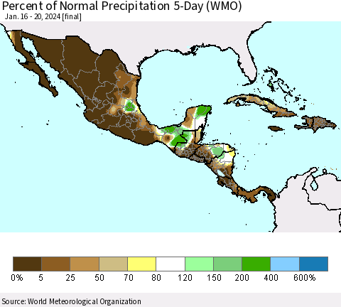 Mexico Central America and the Caribbean Percent of Normal Precipitation 5-Day (WMO) Thematic Map For 1/16/2024 - 1/20/2024