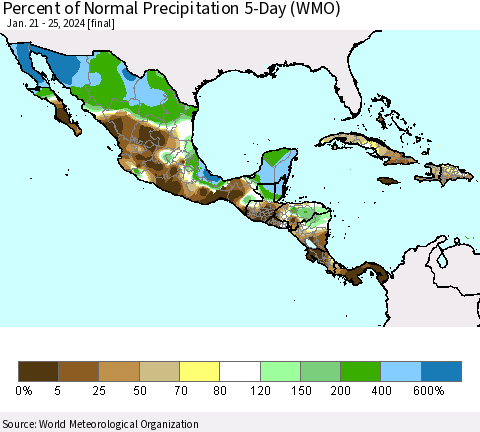 Mexico Central America and the Caribbean Percent of Normal Precipitation 5-Day (WMO) Thematic Map For 1/21/2024 - 1/25/2024