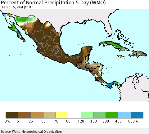 Mexico Central America and the Caribbean Percent of Normal Precipitation 5-Day (WMO) Thematic Map For 2/1/2024 - 2/5/2024