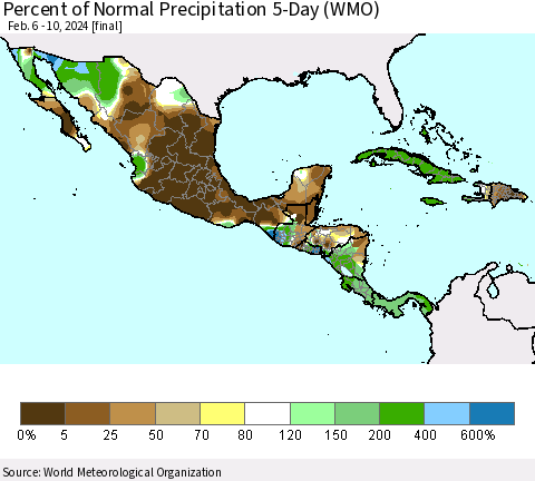Mexico Central America and the Caribbean Percent of Normal Precipitation 5-Day (WMO) Thematic Map For 2/6/2024 - 2/10/2024