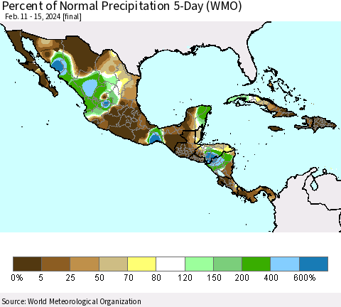 Mexico Central America and the Caribbean Percent of Normal Precipitation 5-Day (WMO) Thematic Map For 2/11/2024 - 2/15/2024