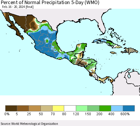 Mexico Central America and the Caribbean Percent of Normal Precipitation 5-Day (WMO) Thematic Map For 2/16/2024 - 2/20/2024