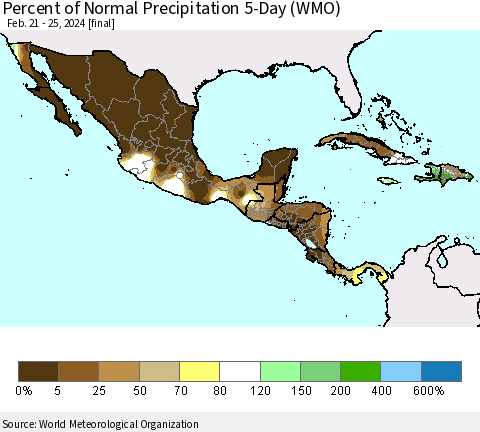 Mexico Central America and the Caribbean Percent of Normal Precipitation 5-Day (WMO) Thematic Map For 2/21/2024 - 2/25/2024