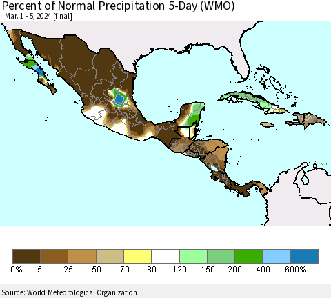 Mexico Central America and the Caribbean Percent of Normal Precipitation 5-Day (WMO) Thematic Map For 3/1/2024 - 3/5/2024