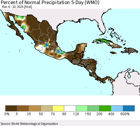 Mexico Central America and the Caribbean Percent of Normal Precipitation 5-Day (WMO) Thematic Map For 3/6/2024 - 3/10/2024