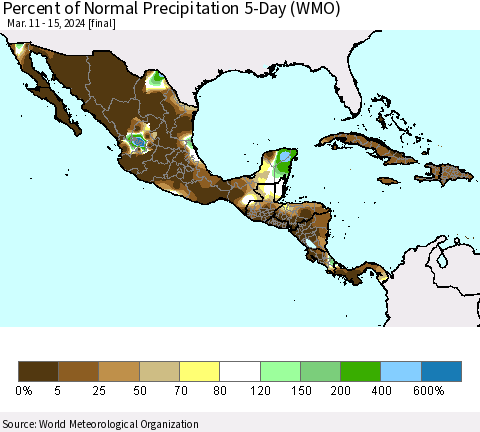 Mexico Central America and the Caribbean Percent of Normal Precipitation 5-Day (WMO) Thematic Map For 3/11/2024 - 3/15/2024