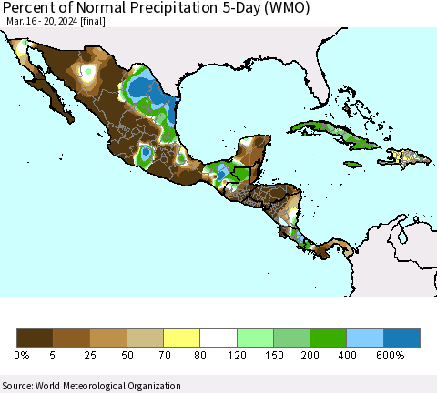 Mexico Central America and the Caribbean Percent of Normal Precipitation 5-Day (WMO) Thematic Map For 3/16/2024 - 3/20/2024