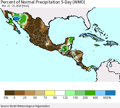 Mexico Central America and the Caribbean Percent of Normal Precipitation 5-Day (WMO) Thematic Map For 3/21/2024 - 3/25/2024