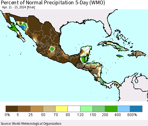 Mexico Central America and the Caribbean Percent of Normal Precipitation 5-Day (WMO) Thematic Map For 4/11/2024 - 4/15/2024