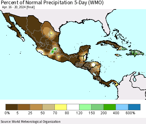 Mexico Central America and the Caribbean Percent of Normal Precipitation 5-Day (WMO) Thematic Map For 4/16/2024 - 4/20/2024