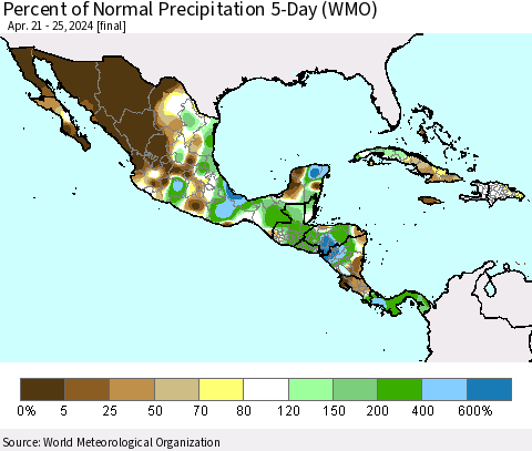 Mexico Central America and the Caribbean Percent of Normal Precipitation 5-Day (WMO) Thematic Map For 4/21/2024 - 4/25/2024