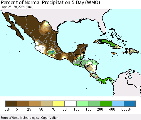 Mexico Central America and the Caribbean Percent of Normal Precipitation 5-Day (WMO) Thematic Map For 4/26/2024 - 4/30/2024