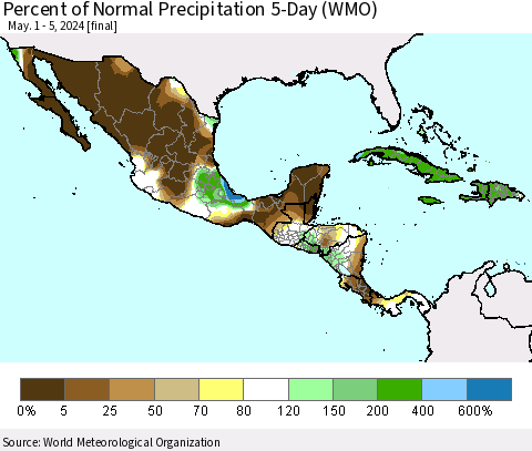 Mexico Central America and the Caribbean Percent of Normal Precipitation 5-Day (WMO) Thematic Map For 5/1/2024 - 5/5/2024