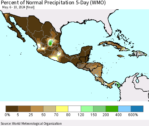 Mexico Central America and the Caribbean Percent of Normal Precipitation 5-Day (WMO) Thematic Map For 5/6/2024 - 5/10/2024