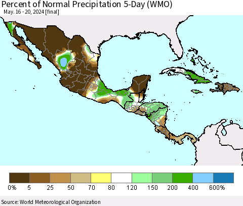 Mexico Central America and the Caribbean Percent of Normal Precipitation 5-Day (WMO) Thematic Map For 5/16/2024 - 5/20/2024
