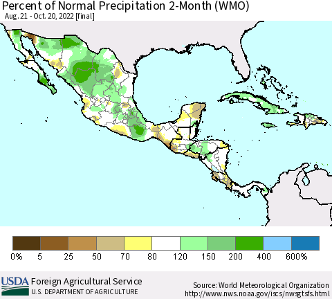 Mexico Central America and the Caribbean Percent of Normal Precipitation 2-Month (WMO) Thematic Map For 8/21/2022 - 10/20/2022