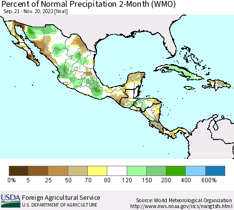 Mexico Central America and the Caribbean Percent of Normal Precipitation 2-Month (WMO) Thematic Map For 9/21/2022 - 11/20/2022