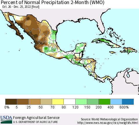 Mexico Central America and the Caribbean Percent of Normal Precipitation 2-Month (WMO) Thematic Map For 10/26/2022 - 12/25/2022