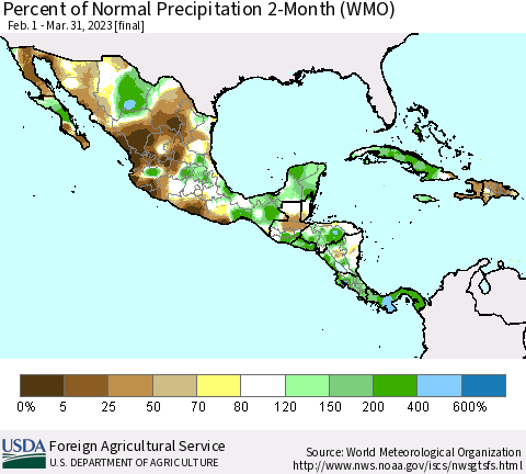 Mexico Central America and the Caribbean Percent of Normal Precipitation 2-Month (WMO) Thematic Map For 2/1/2023 - 3/31/2023