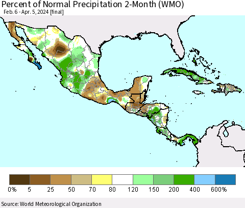 Mexico Central America and the Caribbean Percent of Normal Precipitation 2-Month (WMO) Thematic Map For 2/6/2024 - 4/5/2024