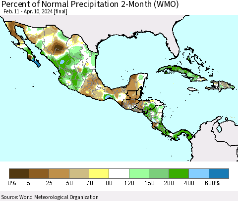 Mexico Central America and the Caribbean Percent of Normal Precipitation 2-Month (WMO) Thematic Map For 2/11/2024 - 4/10/2024