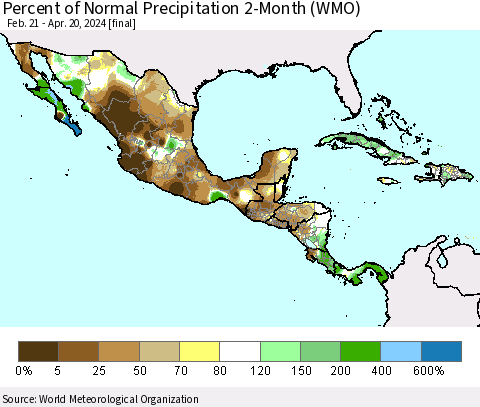 Mexico Central America and the Caribbean Percent of Normal Precipitation 2-Month (WMO) Thematic Map For 2/21/2024 - 4/20/2024