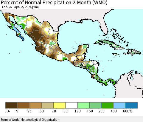 Mexico Central America and the Caribbean Percent of Normal Precipitation 2-Month (WMO) Thematic Map For 2/26/2024 - 4/25/2024