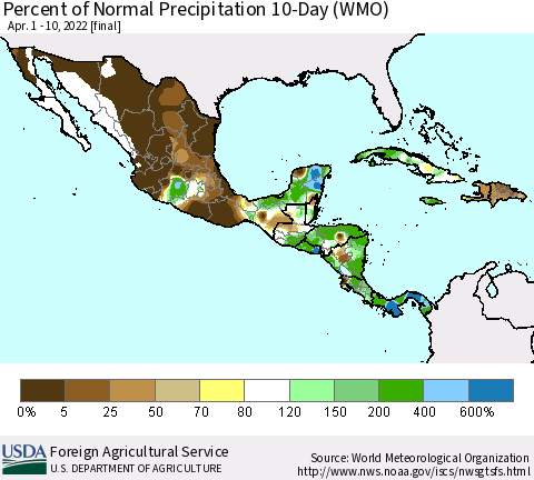 Mexico Central America and the Caribbean Percent of Normal Precipitation 10-Day (WMO) Thematic Map For 4/1/2022 - 4/10/2022