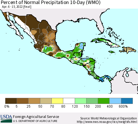 Mexico Central America and the Caribbean Percent of Normal Precipitation 10-Day (WMO) Thematic Map For 4/6/2022 - 4/15/2022