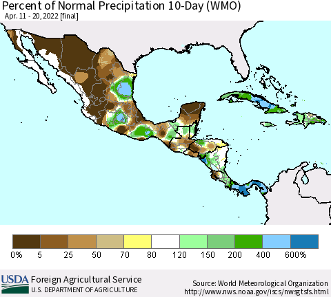 Mexico Central America and the Caribbean Percent of Normal Precipitation 10-Day (WMO) Thematic Map For 4/11/2022 - 4/20/2022