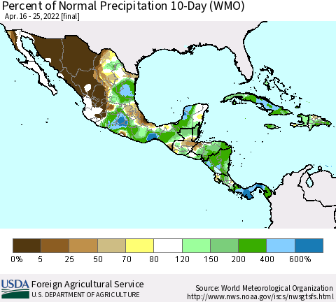 Mexico Central America and the Caribbean Percent of Normal Precipitation 10-Day (WMO) Thematic Map For 4/16/2022 - 4/25/2022