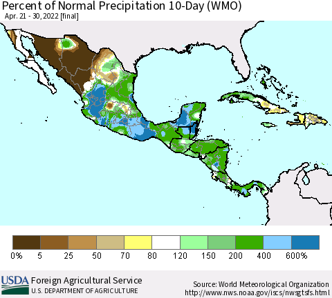 Mexico Central America and the Caribbean Percent of Normal Precipitation 10-Day (WMO) Thematic Map For 4/21/2022 - 4/30/2022