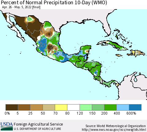 Mexico Central America and the Caribbean Percent of Normal Precipitation 10-Day (WMO) Thematic Map For 4/26/2022 - 5/5/2022
