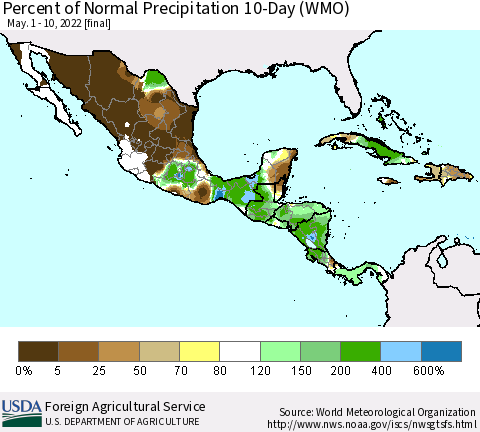 Mexico Central America and the Caribbean Percent of Normal Precipitation 10-Day (WMO) Thematic Map For 5/1/2022 - 5/10/2022