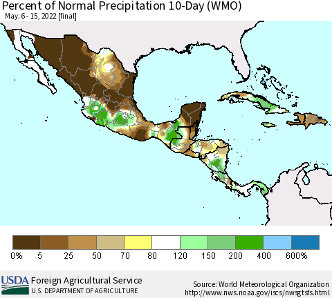 Mexico Central America and the Caribbean Percent of Normal Precipitation 10-Day (WMO) Thematic Map For 5/6/2022 - 5/15/2022