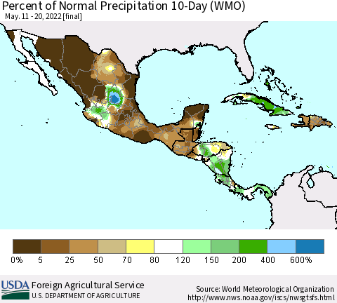 Mexico Central America and the Caribbean Percent of Normal Precipitation 10-Day (WMO) Thematic Map For 5/11/2022 - 5/20/2022