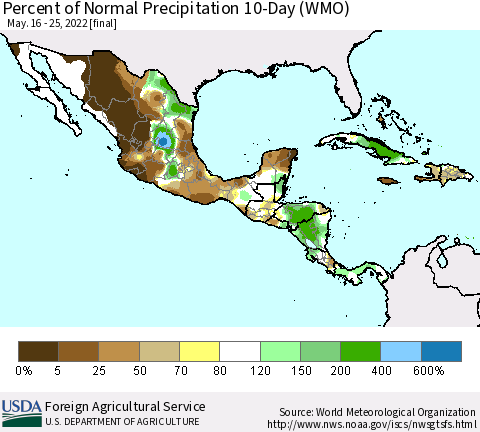 Mexico Central America and the Caribbean Percent of Normal Precipitation 10-Day (WMO) Thematic Map For 5/16/2022 - 5/25/2022