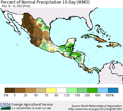 Mexico Central America and the Caribbean Percent of Normal Precipitation 10-Day (WMO) Thematic Map For 5/21/2022 - 5/31/2022