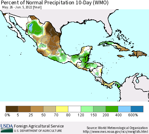 Mexico Central America and the Caribbean Percent of Normal Precipitation 10-Day (WMO) Thematic Map For 5/26/2022 - 6/5/2022