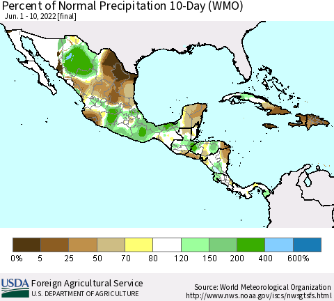 Mexico Central America and the Caribbean Percent of Normal Precipitation 10-Day (WMO) Thematic Map For 6/1/2022 - 6/10/2022