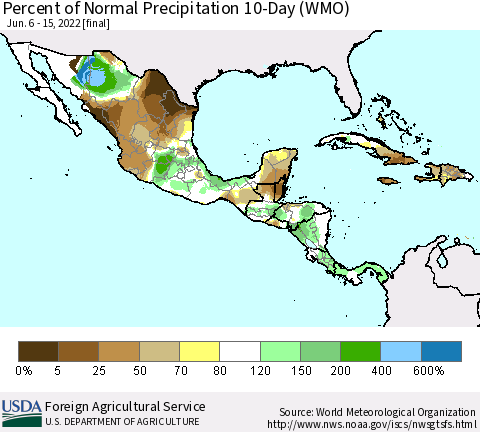 Mexico Central America and the Caribbean Percent of Normal Precipitation 10-Day (WMO) Thematic Map For 6/6/2022 - 6/15/2022