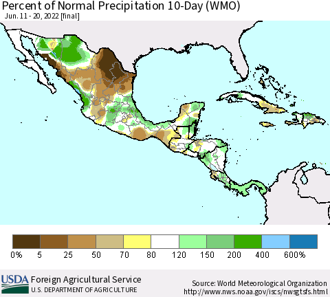 Mexico Central America and the Caribbean Percent of Normal Precipitation 10-Day (WMO) Thematic Map For 6/11/2022 - 6/20/2022