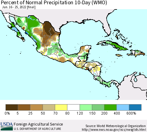 Mexico Central America and the Caribbean Percent of Normal Precipitation 10-Day (WMO) Thematic Map For 6/16/2022 - 6/25/2022
