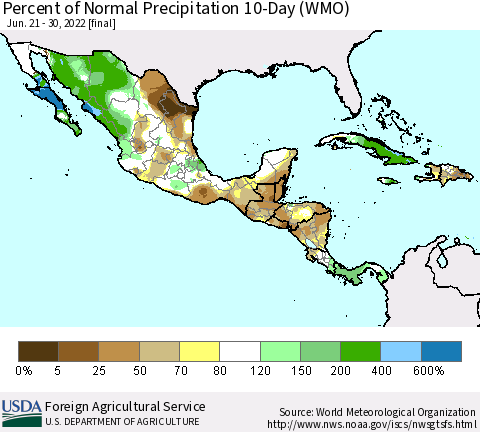 Mexico Central America and the Caribbean Percent of Normal Precipitation 10-Day (WMO) Thematic Map For 6/21/2022 - 6/30/2022