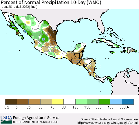 Mexico Central America and the Caribbean Percent of Normal Precipitation 10-Day (WMO) Thematic Map For 6/26/2022 - 7/5/2022