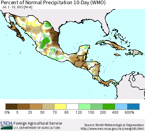 Mexico Central America and the Caribbean Percent of Normal Precipitation 10-Day (WMO) Thematic Map For 7/1/2022 - 7/10/2022