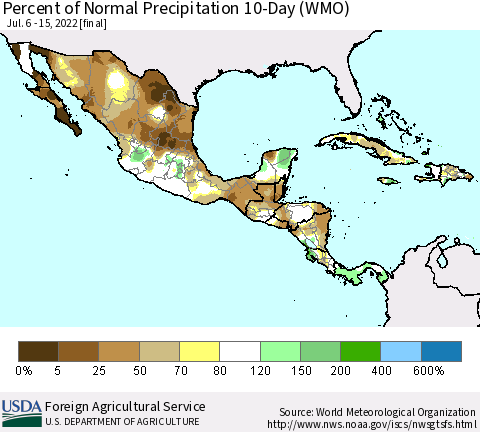 Mexico Central America and the Caribbean Percent of Normal Precipitation 10-Day (WMO) Thematic Map For 7/6/2022 - 7/15/2022